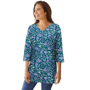 Woman Within Plus Size Perfect Printed Three-Quarter-Sleeve V-Neck Tunic - 1 of 4