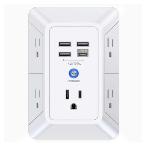 Itopfox 5-Outlet Extender with 4 USB Ports (1 USB-C), 1680J Surge Protector, Wall-Mounted Power Strip for Home, Office, Travel - White - 1 of 4