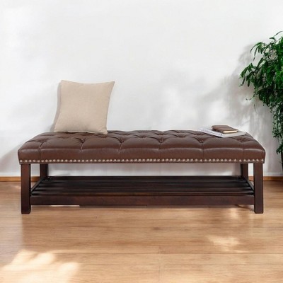 Alilang 60.04 inches Tufted Faux Leather Bench with Nailhead Trim and Wooden Storage Shelf-Dark brown