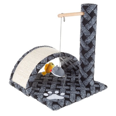 Pet Adobe Small Sisal Cat Scratching Post Tree and Cat Condo with Toys - Black and Gray