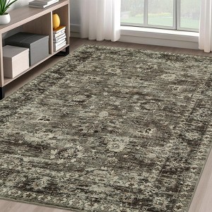 Vintage Distressed Large Living Room Rug for Bedroom, Oriental Soft Low-Pile Indoor Accent Carpet, Non-Skid, Machine Washable, Brown - 1 of 4