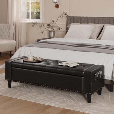 60" Storage Ottoman Bench, Faux Leather Upholstered Ottoman for King Size End of Bed