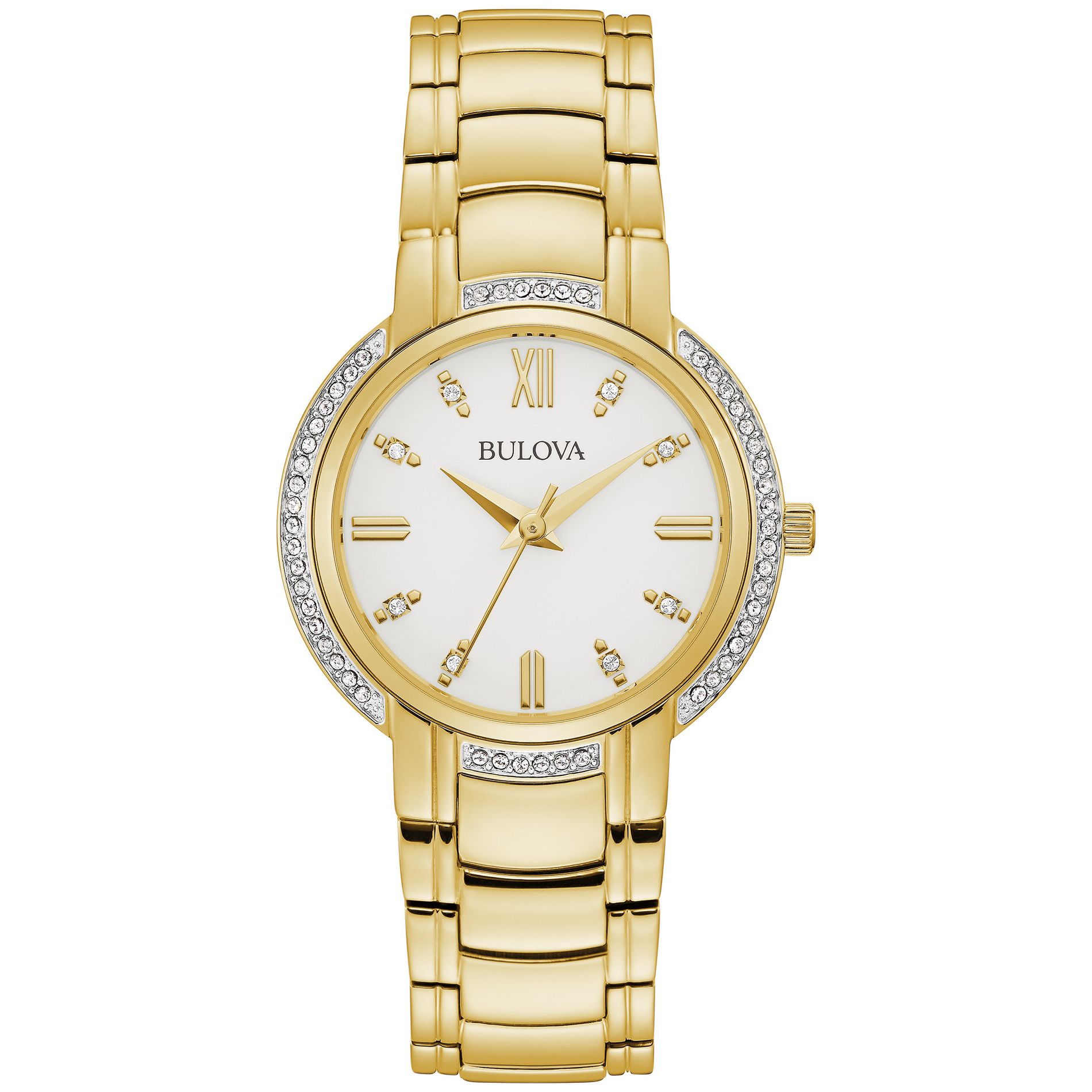 Bulova Ladies' Classic Diamond 3-Hand Quartz Gold Tone Stainless Steel Watch, White Dial 33mm