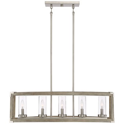 Modern Farmhouse Brushed Nickel and Wood Linear Island Chandelier