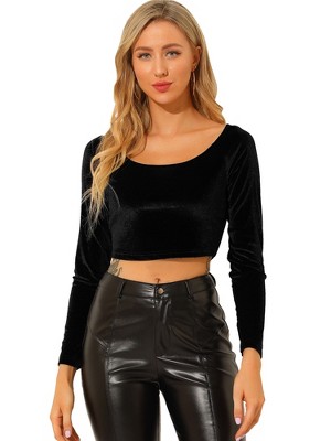 INSPIRE CHIC Women's Velvet Scoop Neck Long Sleeve Solid Crop Top