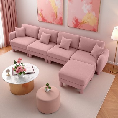 Boucle Convertible L-Shaped Sectional Sofa with Shell Armrests & Removable Ottoman