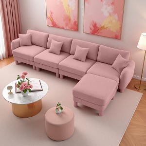 Boucle Convertible L-Shaped Sectional Sofa with Shell Armrests & Removable Ottoman - 1 of 4