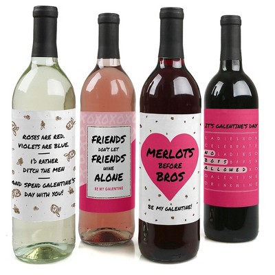 Big Dot of Happiness Be My Galentine - Valentine's Day Gift for Women and Men - Wine Bottle Label Stickers - Set of 4