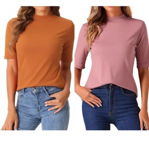 INSPIRE CHIC Women's Half Sleeve Casual Turtleneck Solid Elastic Soft T-Shirts 2 Packs - 1 of 4