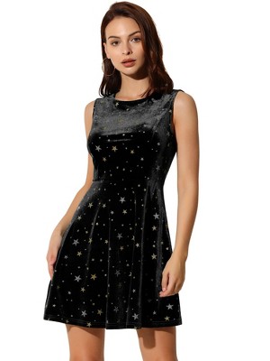 INSPIRE CHIC Women's Shiny Stars Print Sleeveless Swing Mini Velvet Dress