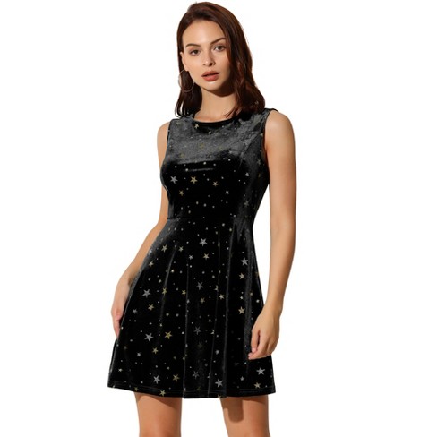 Allegra K Women's Shiny Stars Print Sleeveless Swing Mini Velvet