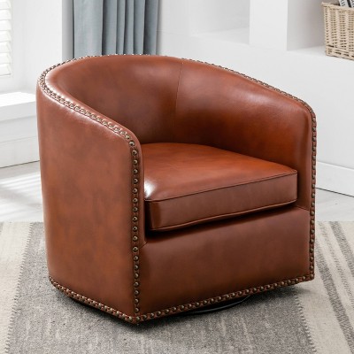Caramel Faux Leather Swivel Barrel Accent Chair