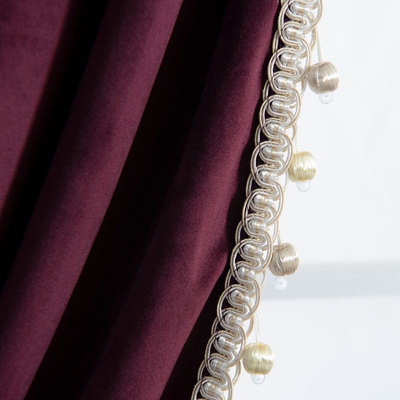 Luxury Vintage Velvet With Silky Pompom Trim Light Filtering Window Curtain Panel Plum Single 52X84, 4 of 6