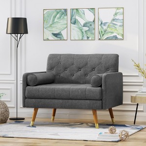 Mid-Century Modern Club Chair with Plush Cushions, Wood-Finish Frame, and Tapered Splayed Gold-Tipped Legs - 1 of 4