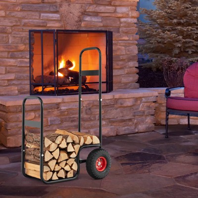 Heavy-Duty Black Steel Firewood Log Cart Carrier with Red Wheels