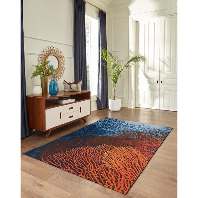 Ocean Blue and Coral Synthetic Flat Woven Indoor/Outdoor Rug