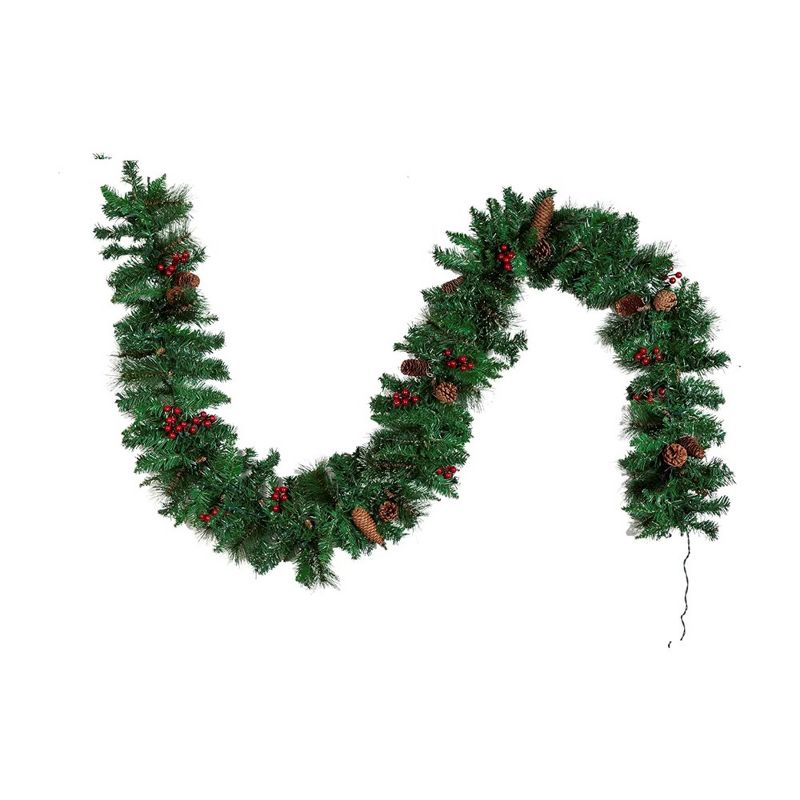 9Ft Pre-lit Artificial Christmas Garland,  Artificial Green with 50 Lights Silver Bristle Pine Cones Red Berries for Indoor Outdoor Decorations, 5 of 7