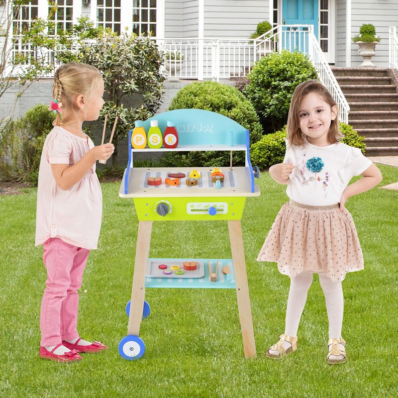 Costway Kid’s Pretend Barbecue Grill Play Set Toy BBQ Grill Set w/ Wooden Grilling Tools & Play Food Handy Push Handle & Smooth Wheels, 4 of 11