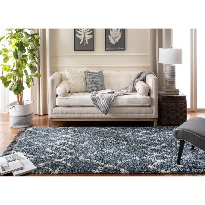 Blue and Creme Geometric Shag Area Rug with Tassels