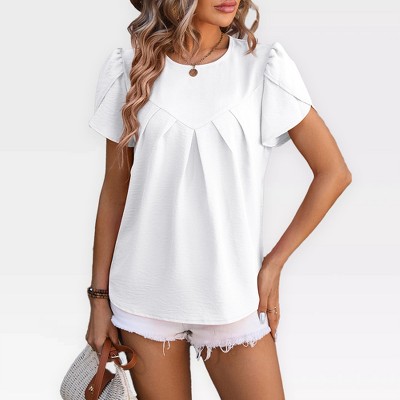 Womens Casual Tops Yoke Front Pleated Shirts with Flutter Sleeve Back Keyhole Short Sleeve Blouse Summer Tops