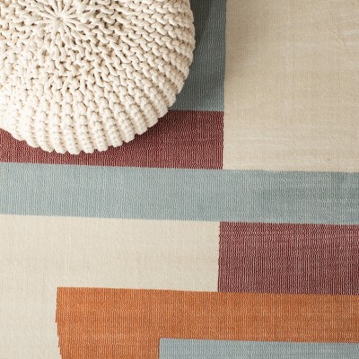 Ivory and Blue Abstract Square Synthetic Area Rug
