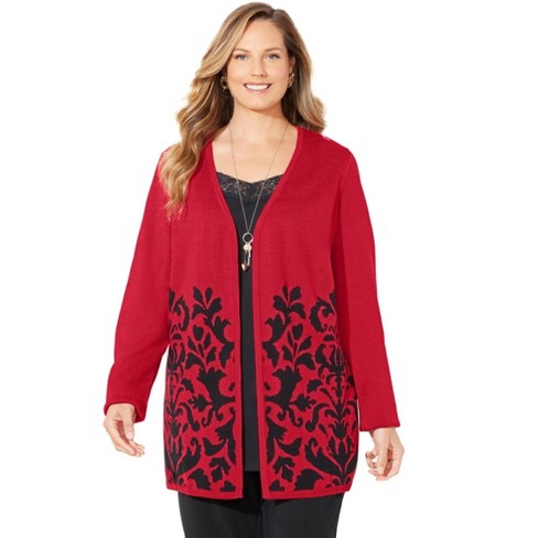 Catherines Women s Plus Size Jacquard Cardigan 5X Classic Red Damask Border