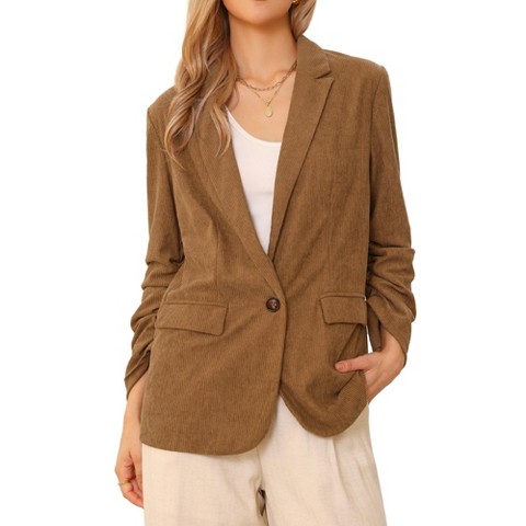 INSPIRE CHIC Women Ruched Sleeve One Button Lapel Pockets Suit Jackets Work Business Casual Blazer Brown Large