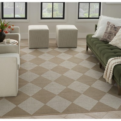 Ivory and Beige Geometric Cotton Blend Washable Rug 5' x 7'