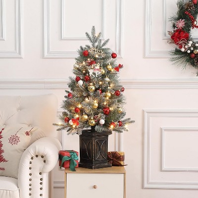 3FT Christmas Tree, Pre-Lit Artificial Christmas Tree with Vintage Potted Base, Flocked Snow 78 Warm White LED Lights Red Berries