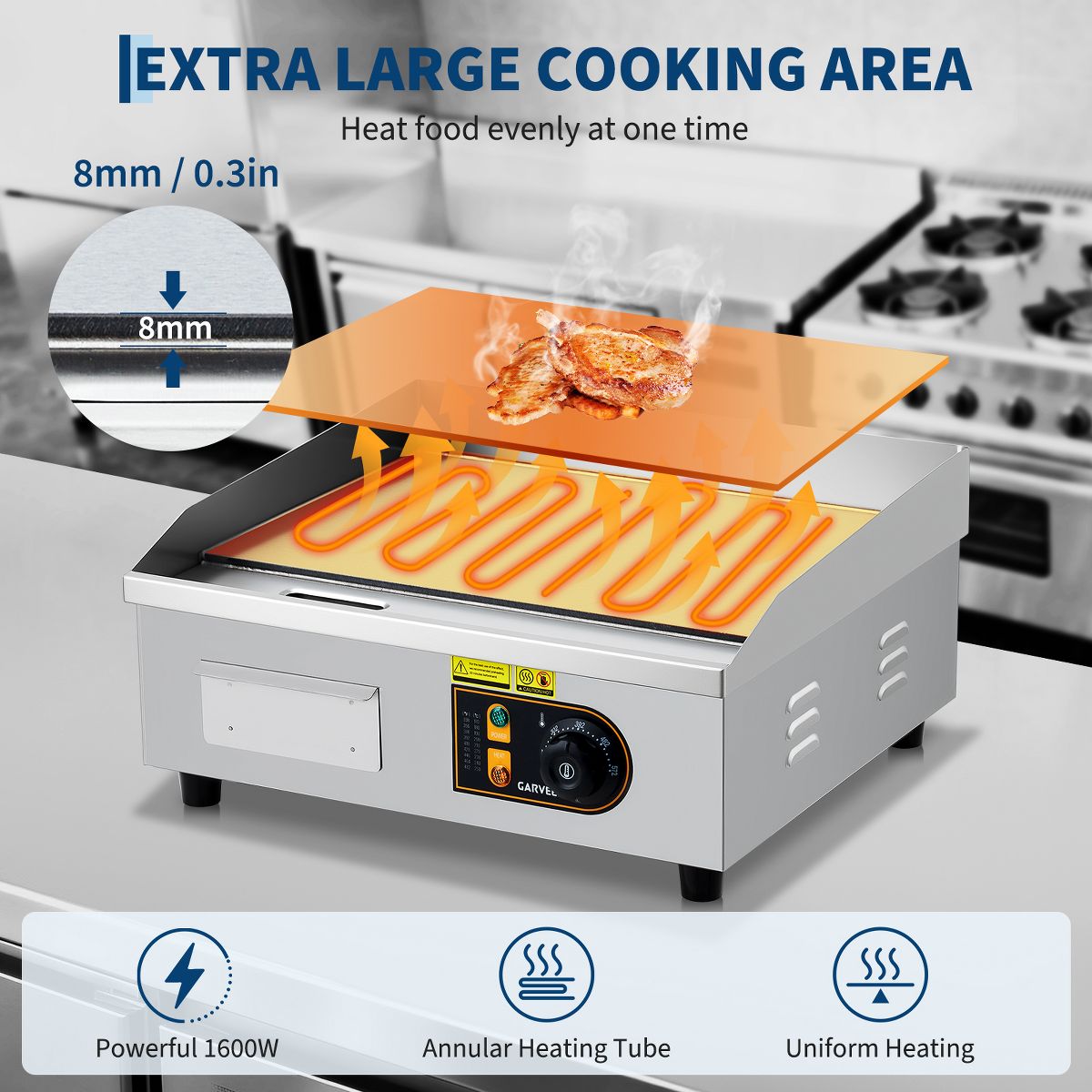 Electric Griddle, 1700W Countertop Flat Top Grill, Stainless Steel, 122°F-572°F Adjustable Temp, Includes 2 Shovels & 2 Brushes - thumbnail 6