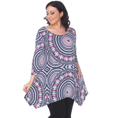 Women's Plus Size 3/4 Sleeve Printed Maji Tunic With Pockets - White Mark :  Target