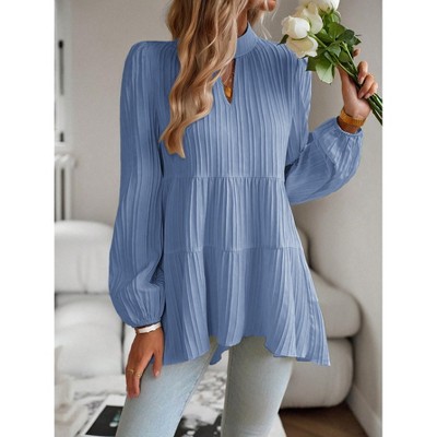 Womens Tops Elegant Lantern Sleeve Notch High Neck Flowy Blouse Shirts