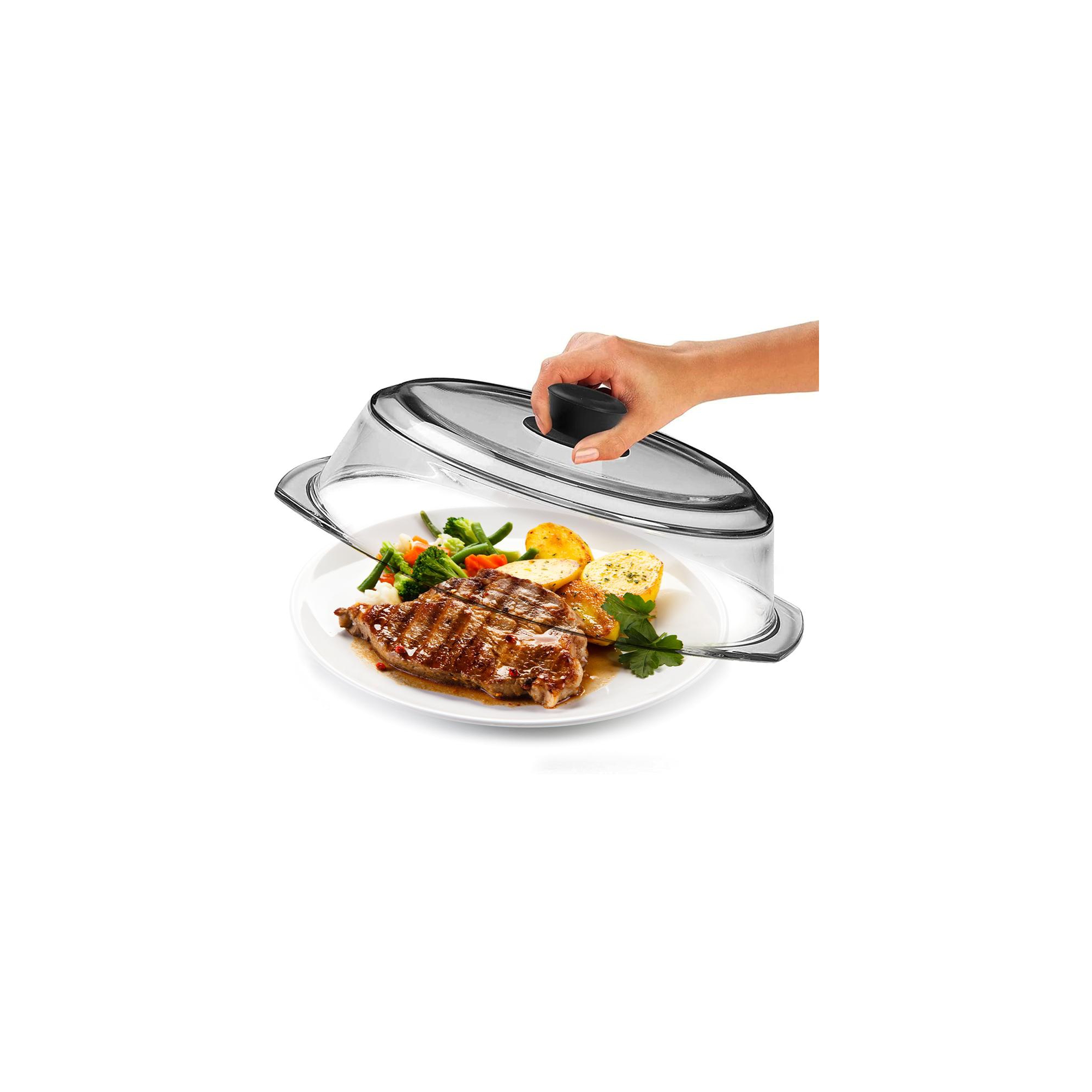 Le'raze Tall Clear Glass Microwave Plate Cover Splatter Guard Lid with Easy Grip Black Silicone Handle - Food Grade and Dishwasher Safe - 10inch
