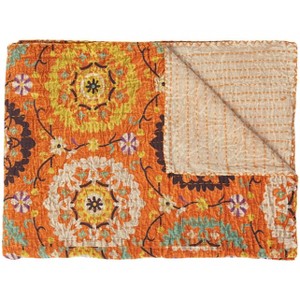 50" X 70" Red Floral Cotton Quilted Kantha Throw Blanket with Embroidery - 1 of 4