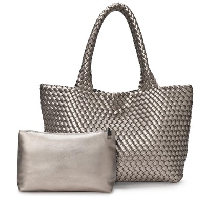 Generic Woven tote Bag for Women, Large woven handbag Shoulder Bag Inner Zipper Pouch Sliver grey