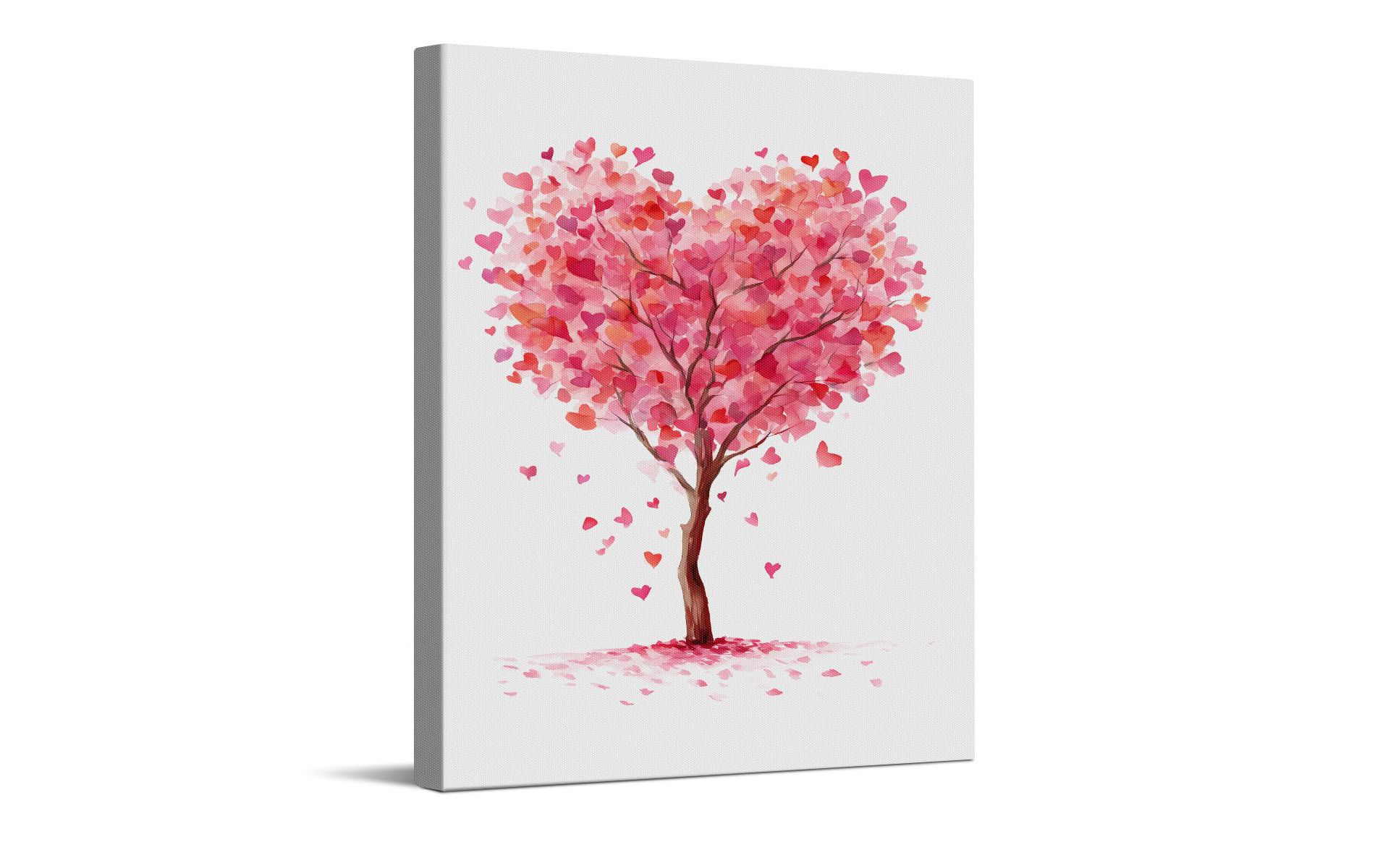 Poetic Heart Tree Valentines Day Wall Art Print with Pink and Red Watercolor Leaves Valentines Wall Art for Romantic Home Decor