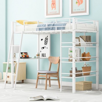 Twin Size Loft Metal Bed featuring 3 Layers of Shelves, Desk, and a Whiteboard
