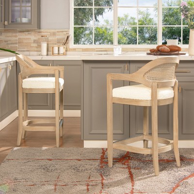 Ivory White Bouclé 26" Cane Back Counter Stool with Oak Frame