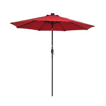 9' x 9' Solar LED Patio Umbrella with Tilt Adjustment and Crank Lift Red - Wellfor