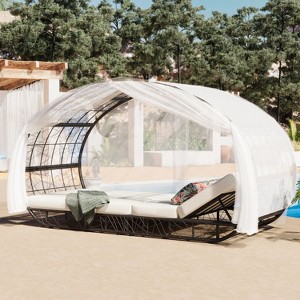 Suki PE Wicker Patio Daybed with Curtain for 2-person, Sunbed with Adjustable Recliners, Cushion and Colorful Pillow, Outdoor Furniture - Maison Boucle - 1 of 4