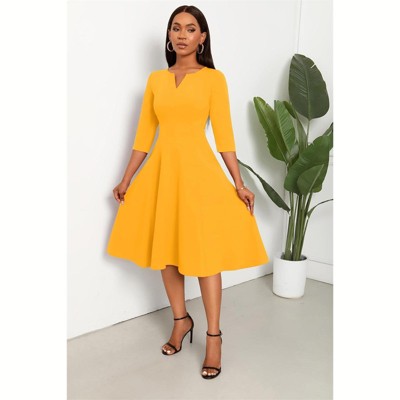Clotth Women's Midi Dress - 3/4 Sleeve V Neck, A-Line Fit and Flare, Cocktail Wedding Guest Work Dress with Pockets