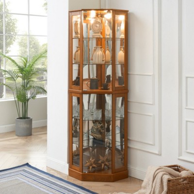 Syemin Decorative Storage Cabinets 6 Shelf Corner Curio Display Cabinet, Accent Storage Cabinet, Bar Glass Storage Cabinets, Brown, 26"*19.5"*72"