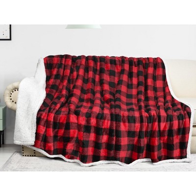 Catalonia Red Plaid Sherpa Fleece Reversible Throw Blanket, 60"x80"