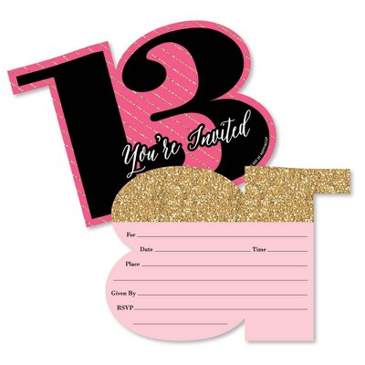 Big Dot of Happiness Chic 13th Birthday - Pink, Black and Gold - Shaped Fill-in Invites - Birthday Party Invitation Cards with Envelopes - Set of 12