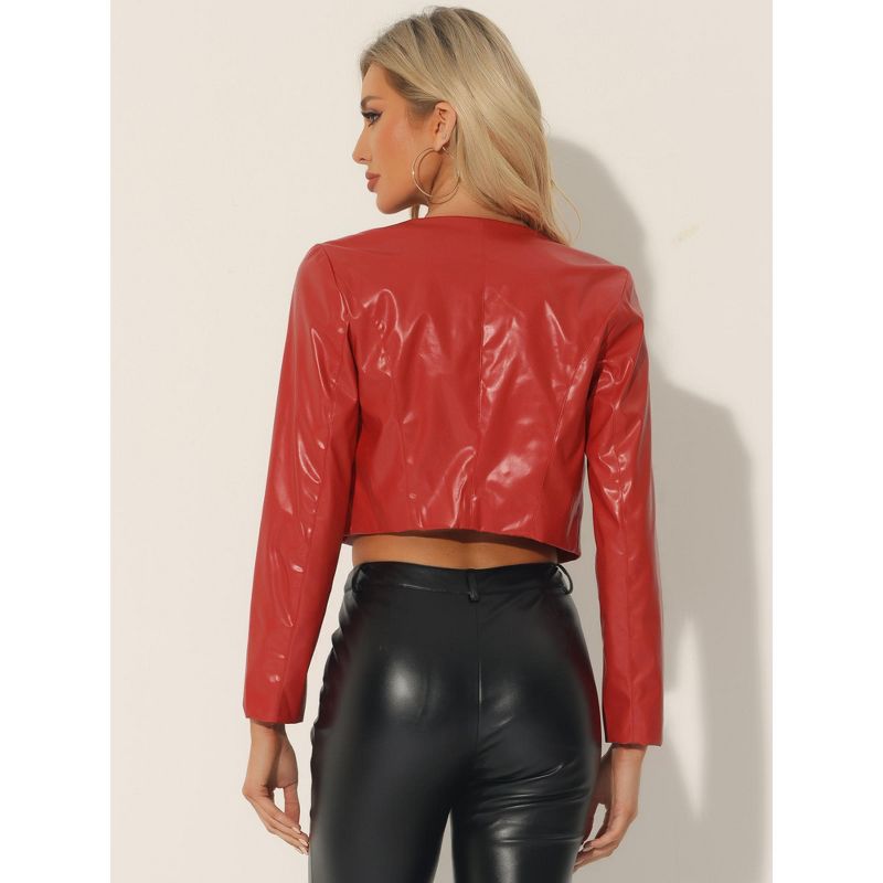 Allegra K Women's Faux Leather PU Long Sleeve Open Front Cropped Jacket, 3 of 6