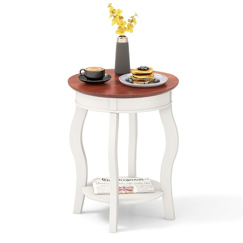 Tangkula 1pc/2pcs 2-Tier Round End Table Floor Tea Table with Solid Rubber Wood Legs White & Walnut - image 1 of 4