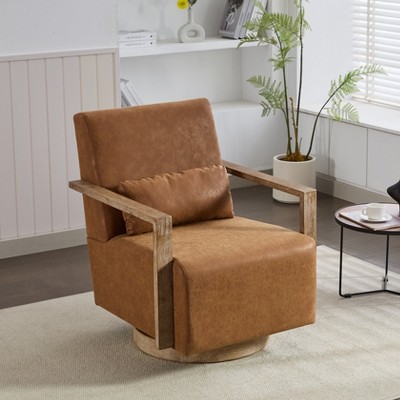 Hrinhom Swivel Armchair,Modern Faux Leather Upholstered Accent Chair with Wood Armrests