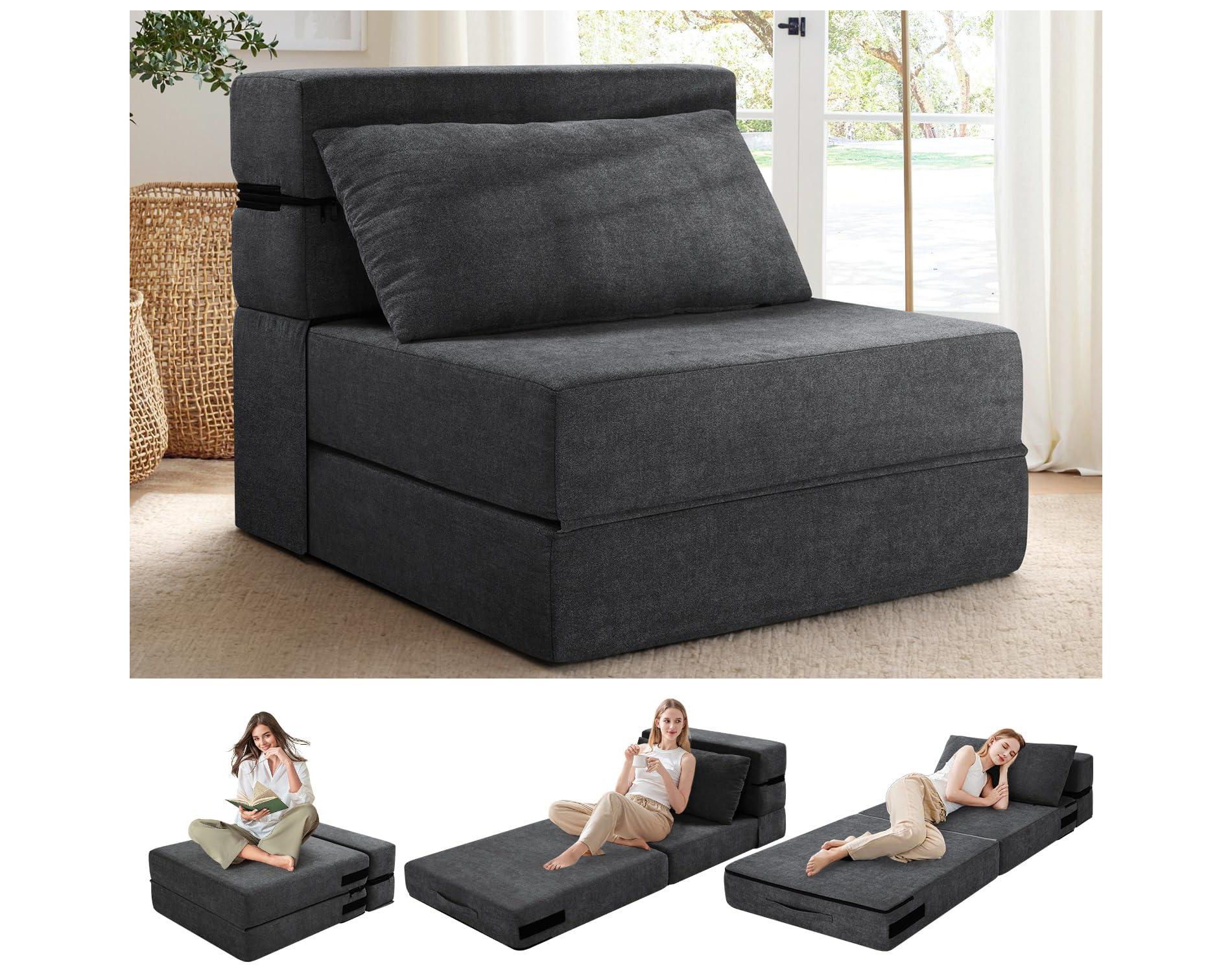 Homdox Folding Sofa Bed Chair with Pillow,Convertible Fold Out Chair Bed Sleeper,Foam Floor Mattress, Foldable Futon Couch Bed for Living Room/Dorm