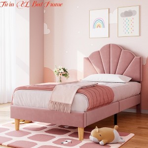 Velvet Upholstered Platform Bed Frame for Kids, Twin Size/Twin XL/ with Adjustable Headboard, Wood Slat Support - 1 of 4