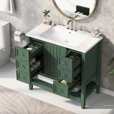 JUJABU 36'' Modern Bathroom Vanity with Ceramic Sink, 3 Drawers  & Open Shelf